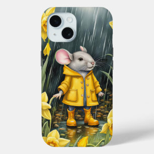 Coque Pour iPhone 15 Souris dans un jardin de jonquilles pluvieuses