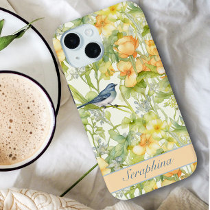 Coque Pour iPhone 15 Spring Floral & Bluebird Pastel Jaune Nom personna