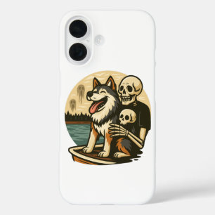 Coques iPhone 16 Squelette avec chien sur un lac hanté d'art d'horr