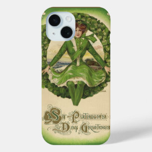 Coque Pour iPhone 15 St. Patrick's Day vintage, Wreath with Irish Lass