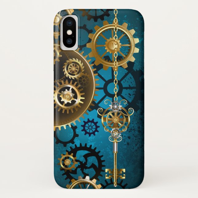 Coques Case-Mate iPhone Steampunk Arrière - plan turquoise avec Gears (Dos)
