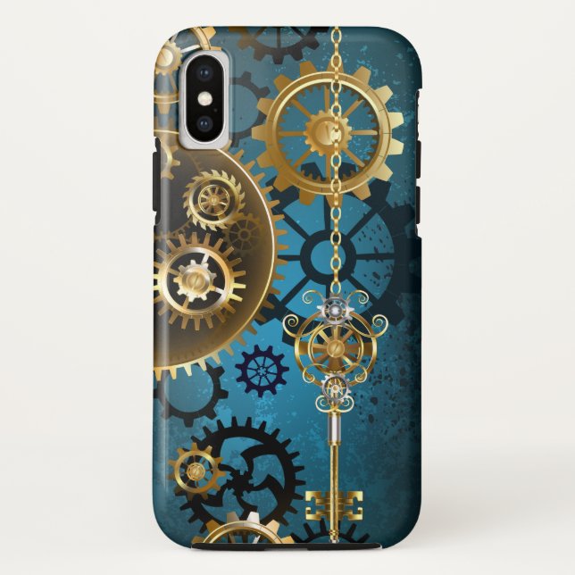 Coques Case-Mate iPhone Steampunk Arrière - plan turquoise avec Gears (Dos)