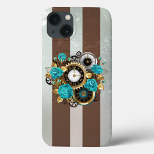 Case-Mate iPhone Case Steampunk Clock and Turquoise Roses on Striped