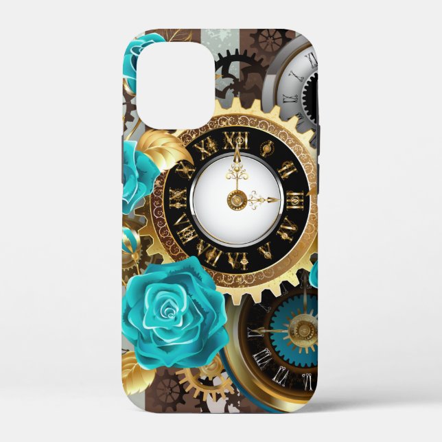 Coques Case-Mate iPhone Steampunk Clock and Turquoise Roses on Striped (Verso)