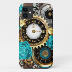 Case-Mate iPhone Case Steampunk Clock and Turquoise Roses on Striped