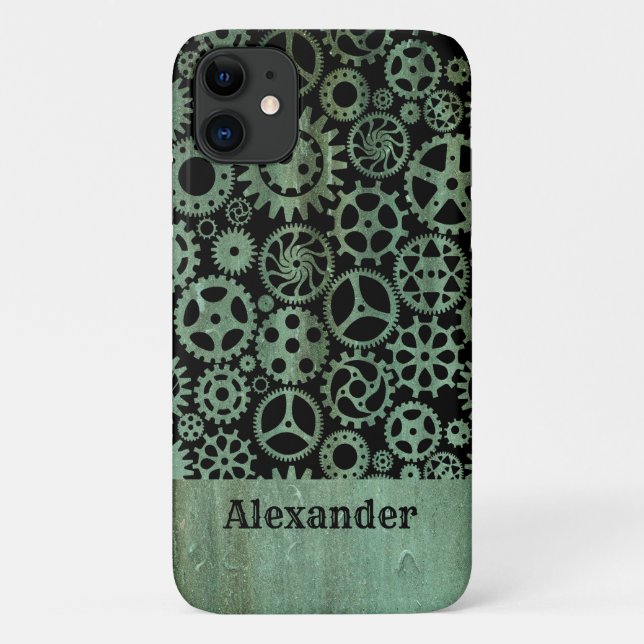 Coques Case-Mate iPhone Steampunk Verdigris Bronze Gears Nom personnalisé (Dos)