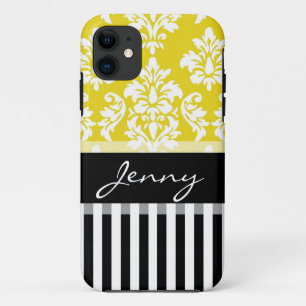 Coque iPhone 11 Stripes noires de Damas jaunes personnalisées
