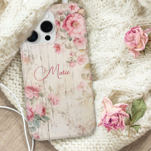 Coque iPhone 15 Pro Max Style chalet rustique Roses sur bois ancien avec n