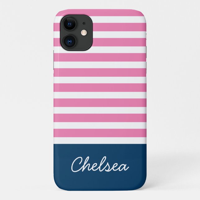 Coques Case-Mate iPhone Stylé rose rayures Nom bleu (Dos)
