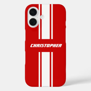 Coques iPhone 16 Stylish Red White Racing Stripes Monogrammed Boys