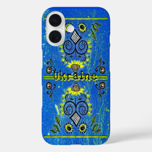 Coques iPhone 16 Sunflower Folk Motif sur Turquoise Blue Coque-Mate