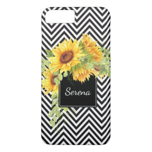 Coque iPhone 8 Plus/7 Plus Sunflowers et Chevron Stripes Motif avec nom