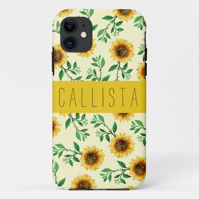 Coques Case-Mate iPhone Sunny Pastel Yellow Sunflowers Feuille Monogramme (Dos)