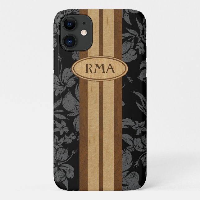 Coques Case-Mate iPhone Sunset Beach Faux Wood Surboard Monogramme hawaïen (Dos)