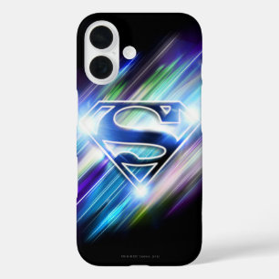 Coques iPhone 16 Superman Stylisé  Logo d'éclatement bleu brillan