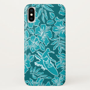 Coque iPhone X Surf Pareau Hawaiian Hibiscus Surf Turquoise