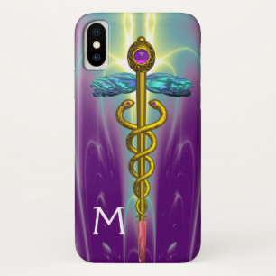 Coque iPhone X SYMBOLE MÉDICAL CADUCÉE OR Monogramme Vert Violet