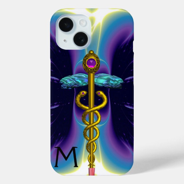 Coques Case-Mate iPhone SYMBOLE MÉDICALE D'OR CADUCUS, Monogramme bleu vio (Verso)