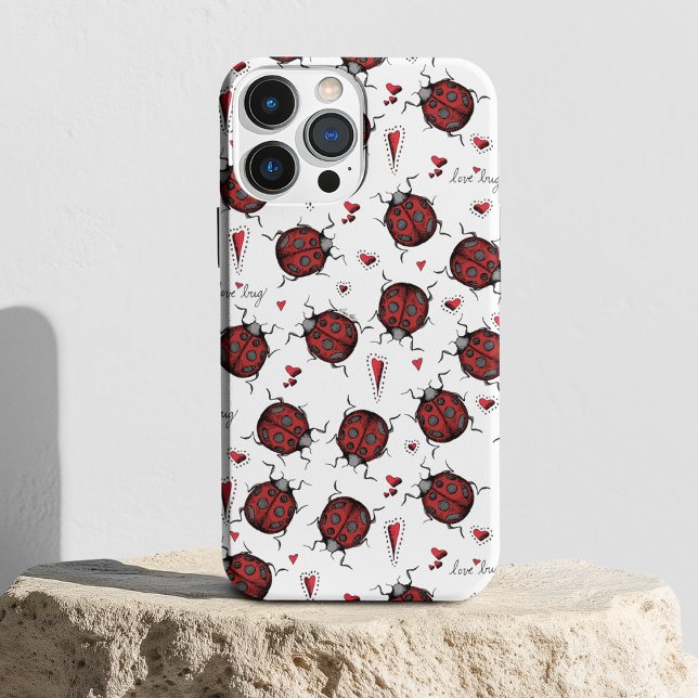 Coques Case-Mate iPhone Sympa Coeurs Ladybug Lovebug Illustration manuscri (Cute Hand-Drawn Red Ladybugs, Red Hearts & Hand-Written "Love Bug" against a White Background.)