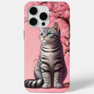 Coque iPhone 15 Pro Max Tabby Chat Japonais Cerisier Fleur Kitten