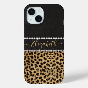 Coque Pour iPhone 15 Tache de léopard Strass Diamants Monogramme PHOTO