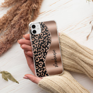 Coque Pour iPhone 14 Taches de Léopard Glam Rose Or Noir Métallic Nom