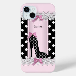 Coque iPhone 15 Mini Talons Hauts Rose Mignon à Points noirs