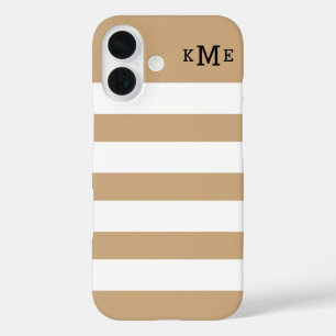 Coques iPhone 16 Tan chic et rayures blanches avec Monogramme noir