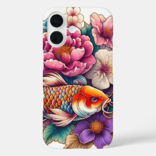Coques iPhone 16 tatouage à fleurs orientales orange koi et rose sa