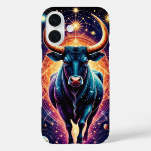 Coques iPhone 16 Taureau cosmique majestueux entouré d'étoiles bril