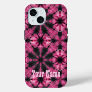 Coque Pour iPhone 15 Teinture à cravate rose et noire nom personnalisé