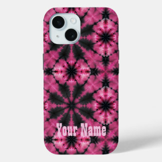 Coque Pour iPhone 15 Teinture à cravate rose et noire nom personnalisé