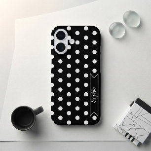 Coques iPhone 16 Tendance Chic Points Personnalisé Nom Noir et Blan