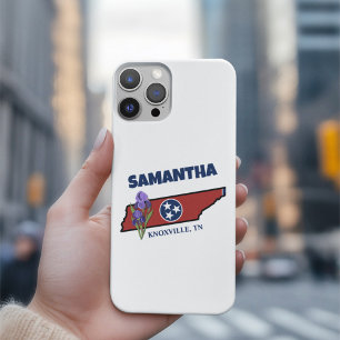 Coque iPhone 15 Pro Tennessee Drapeau et Fleur pourpre Iris Texte pers