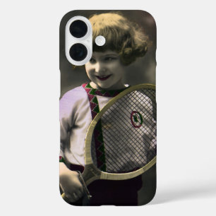 Coques iPhone 16 Tennis Sportif Vintage, Fille Heureuse avec Raquet