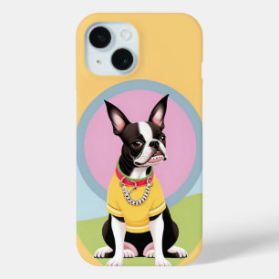 Coque Pour iPhone 15 Térrier de Boston stylisé portant une chemise jaun