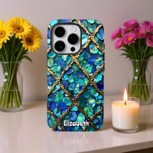 Coques iPhone 16 Pro Texture Aqua et Gold Grid