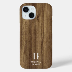 Coque Pour iPhone 15 Texture de faux bois marron Monogramme