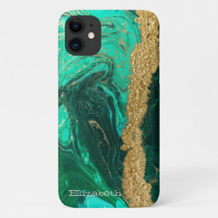 Case-Mate iPhone Case Texture de pierre Marbre Vert Paillettes d'Or