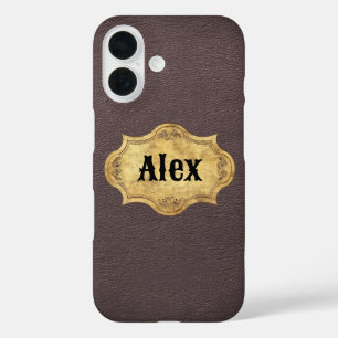 Coques iPhone 16 Texture en cuir avec Badge Grunge