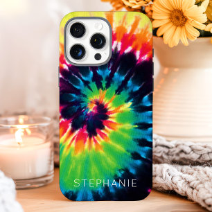 Coques iPhone 16 Pro Max Tie Dye Tourbillon Arc-en-Ciel Nom Personnalisé