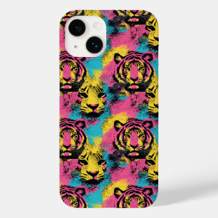 Coque Pour iPhone 14 Tiger Pop Art Motif en rose, jaune et bleu