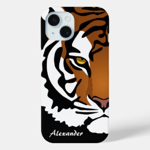 Coque Pour iPhone 15 Tigre, chat sauvage sur noir