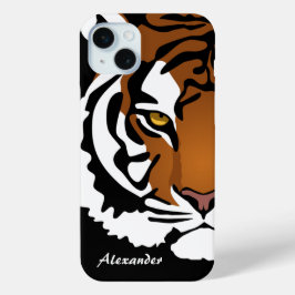 Coque iPhone 15 Mini Tigre, chat sauvage sur noir
