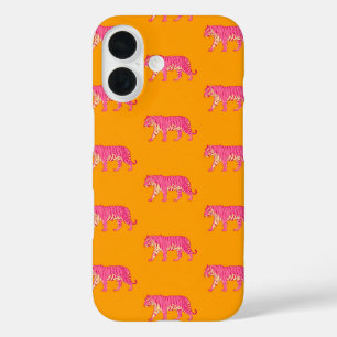 Coques iPhone 16 Tigre rose chaud sur Motif orange gras