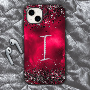 Coque Pour iPhone 15 Timbre stylisé Crystal rhinestone lettre I rouge n