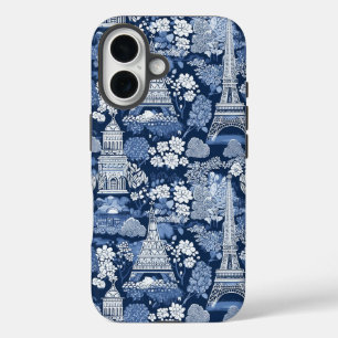 Coques iPhone 16 Toile Bleue Parisienne tissu à motifs