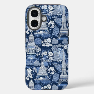 Coques iPhone 16 Toile Bleue Parisienne tissu à motifs