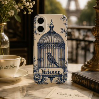 Coques iPhone 16 Toile de cage à oiseaux bleue personnalisée 