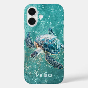 Coques iPhone 16 Tortue de mer turquoise scintillante   Côtière